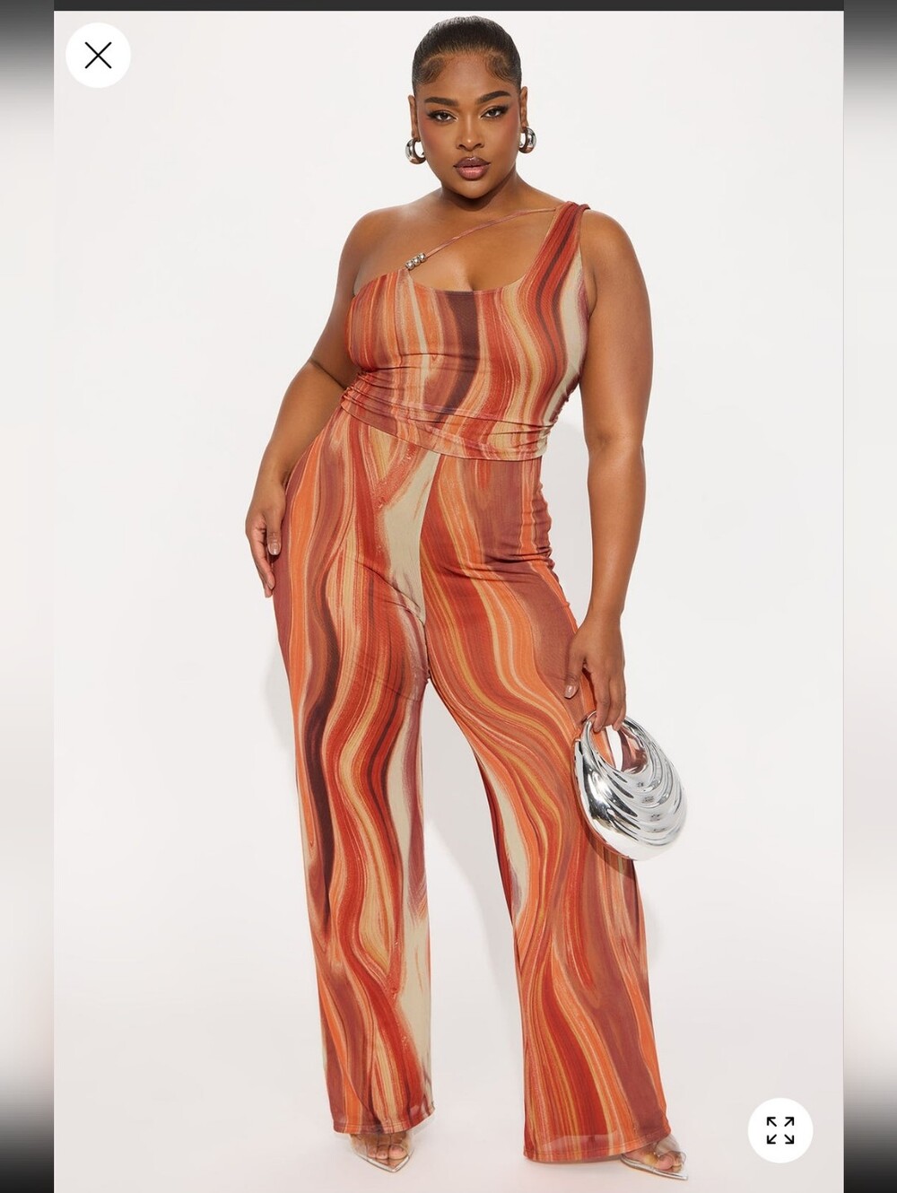 Fashion Nova One-Shoulder Wide-Leg Jumpsuit in Rust Swirl